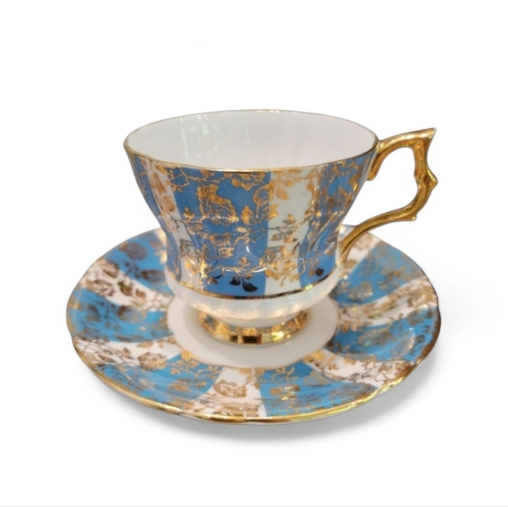 Royal Windsor Bone China Tea Cup and Saucer: Blue Floral Gold Overlay